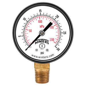 PEM-LF SERIES, ECONOMY PRESSURE GAUGE (LEAD-FREE), 1.5 in. Dial, 0/15 PSI/KPA 1/8 in. NPT LM Bottom