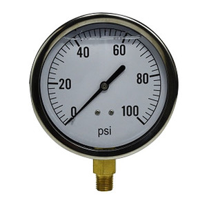 4 in. Face, 1/4 in. Lower Mount, 0-100 PSI, Liquid Filled Pressure Gauge (Stainless Steel Case)