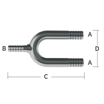 1/4 in. Barb x 1/8 in. Barb x 2.66 in. OAL, Single Barb U-Bend Manifold, 303/304 Combination Stainless Steel Beverage Fitting
