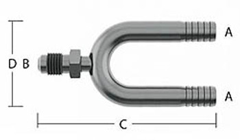 U-Bend Manifold - Single Male Flare - A=3/8 in. (9.96mm) Barb, B=1/4 in. (7/16-20) Male Flare, C=4.25 in. (108.0mm) Length, D=2.67 in. (67.8mm) Height