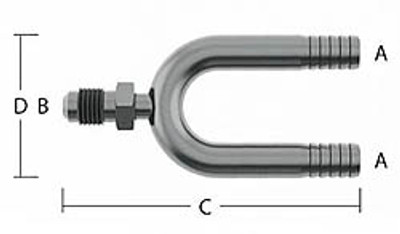 U-Bend Manifold - Single Male Flare - A=1/2 in. (13.51mm) Barb, B=3/8 in. (5/8-18) Male Flare, C=3.84 in. (97.5mm) Length, D=2.65 in. (67.3mm) Height