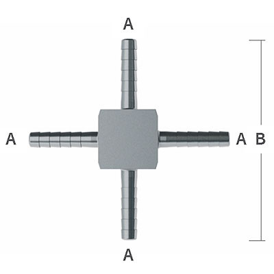 3/8 in. Hose Barbs x 2.13 in. OAL Barb Hose Crosses, 303/304 Stainless Steel Beverage Fitting (Economy)