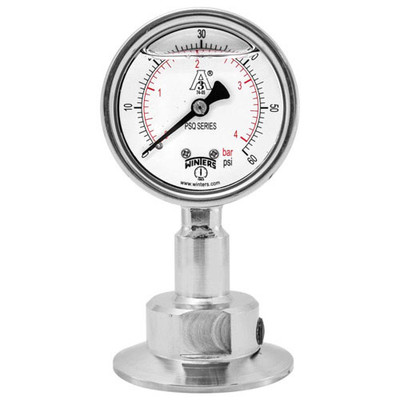 2.5 in. Dial, 0.75 in. BTM Seal, Range: 0-300 PSI/BAR, PSQ 3A All-Purpose Quality Sanitary Gauge, 2.5 in. Dial, 0.75 in. Tri, Bottom