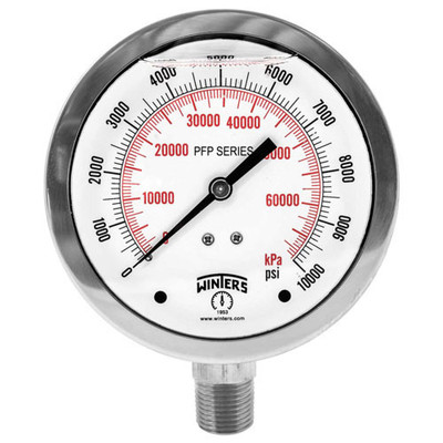 PFP Premium Stainless Steel Gauge, 4 in. Dial, 0-60 PSI/KPA, 1/2 in. NPT Bottom Connection, Movement & Socket: Brass, Tube: Phosphor Bronze