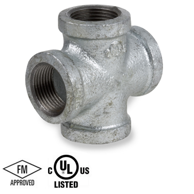 2 in. NPT Threaded - Cross - 150# Malleable Iron Galvanized Pipe Fitting - UL/FM