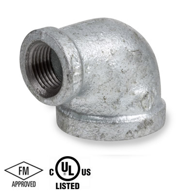 2-1/2 in. x 2 in. NPT Threaded - 90 Degree Reducing Elbow - 150# Malleable Iron Galvanized Pipe Fitting - UL/FM