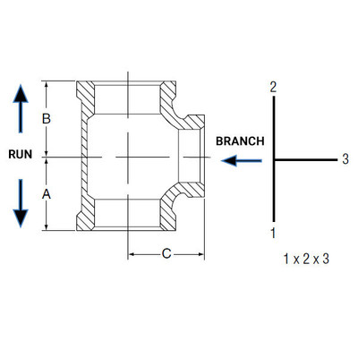 Black Malleable Iron Reducing Tees Drawing Reference - B15033RT1012006C