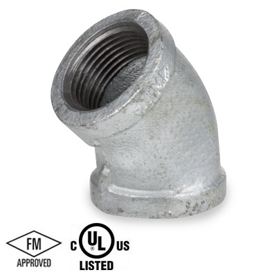 4 in. NPT Threaded - 45 Degree Elbow - 150# Malleable Iron Galvanized Pipe Fitting - UL/FM