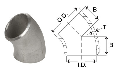 10 in. 45 Degree Elbow - SCH 10 - 304/304L Stainless Steel Butt Weld Pipe Fitting Dimensions Drawing