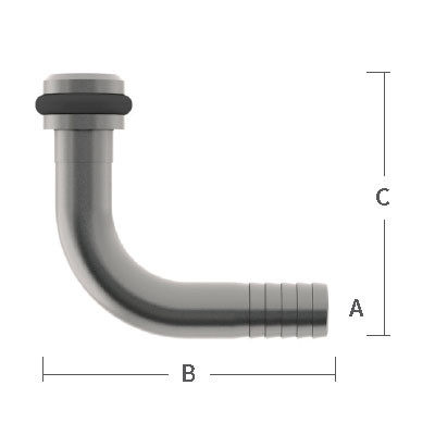 1/2 in. Barb, Flojet 90 Degree Inlet, Stainless Steel Beverage Fitting