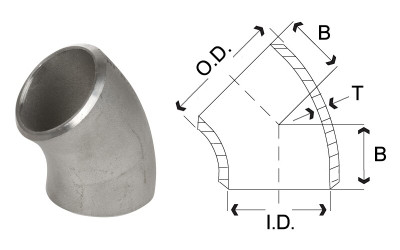 10 in. 45 Degree Elbow - SCH 10 - 316/16L Stainless Steel Butt Weld Pipe Fitting Dimensions Drawing