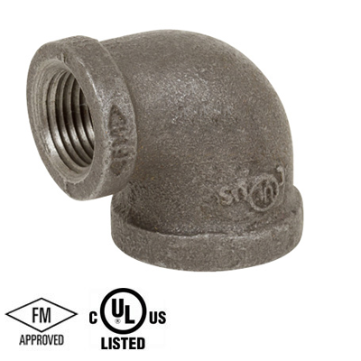 3 in. x 1/2 in. NPT Threaded 90 Degree Reducing Elbow - 150# Black Malleable Iron Pipe Fitting - UL/FM