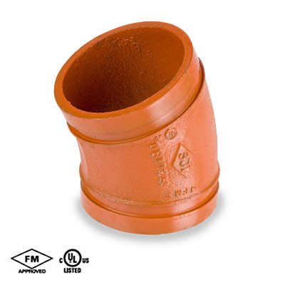 2 in. Grooved 22-1/2 Degree Elbow - Standard Radius - Ductile Iron w/Orange Paint Coating - 65TT Grooved Fire Protection Fitting - UL/FM