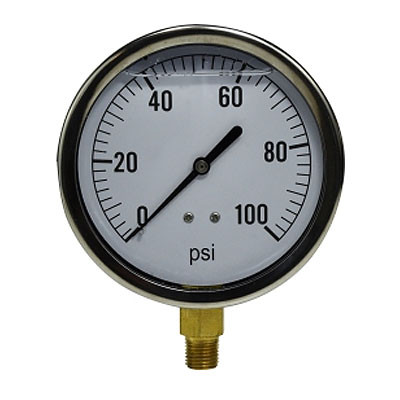 2-1/2 in. Face, 1/4 in. Lower Mount, 0-160 PSI, Liquid Filled Pressure Gauge (Stainless Steel Case)