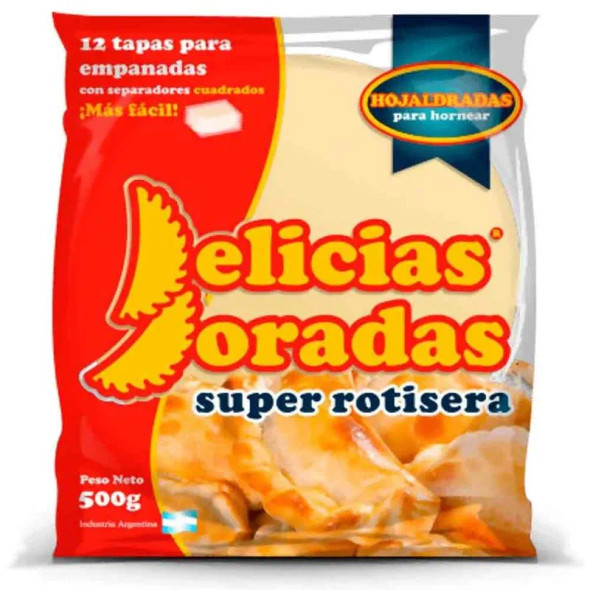 Delicias doradas-Tapas de empanada ROTISERA 500Gr.HORNO Hojaldre 12 pack x12 (144 Disc)