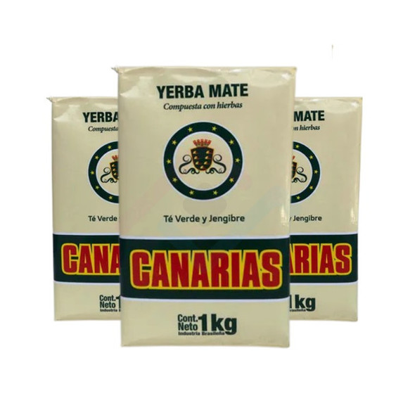 Canarias Yerba Mate with Green Tea and Ginger Rare Blend from Uruguay, 1 kg / 2.2 lb (pack of 3)