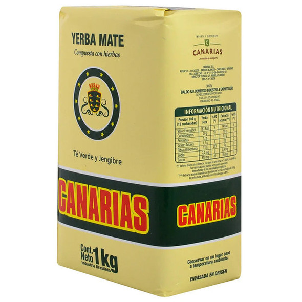 Canarias Yerba Mate with Green Tea and Ginger Rare Blend from Uruguay, 1 kg / 2.2 lb (pack of 3)