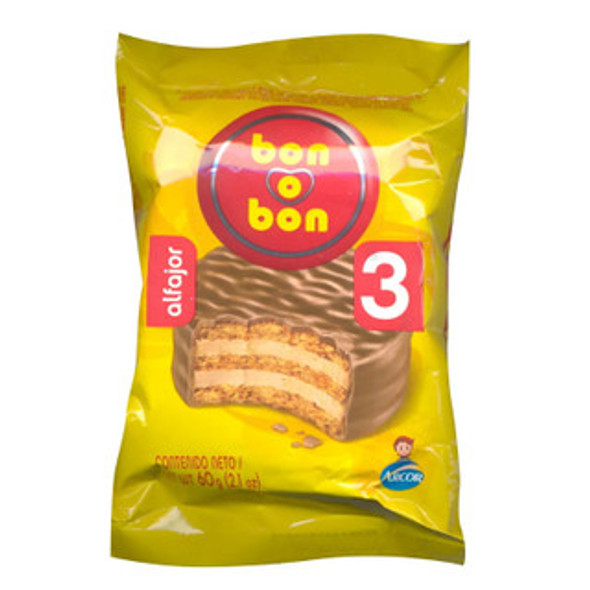 Bon O Bon Alfajor Triple with Peanut Butter and Milk Chocolate, 60 g / 2.1 oz (pack of 6)
