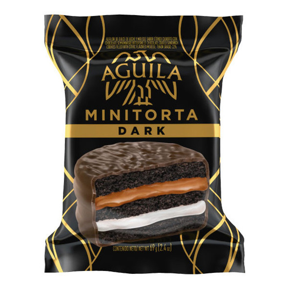 Águila Alfajor Dark Semi-bitter Minicake with Dulce de Leche and Mousse, Citric Flavored, 69 g / 2.43 oz (21 count per box)