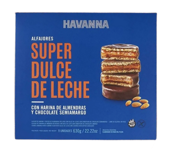 Havanna Alfajor Super Dulce De Leche Chocolate Semiamargo with Dulce de Leche & Almond Flour, case of 9 units (box of 8 cases)