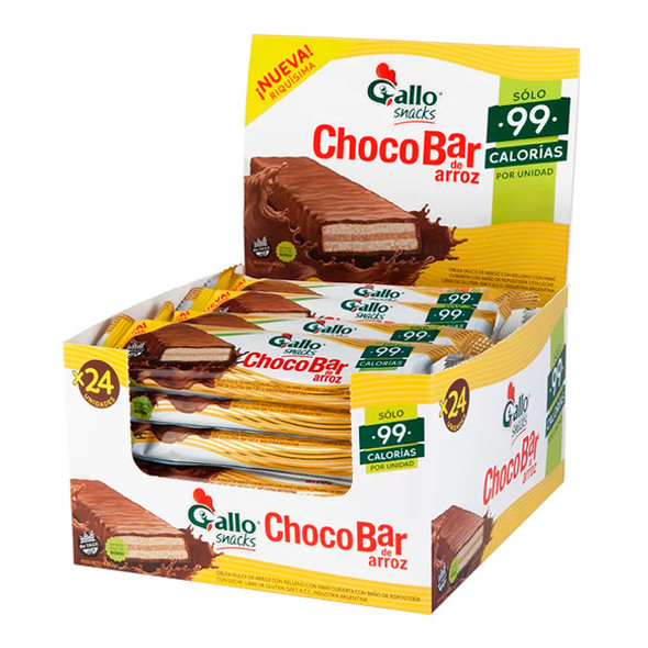 Gallo Snacks Choco-Bar Milk Chocolate Coated Rice Bar Filled with Peanut Cream - Low Sodium & Gluten Free, 480 g / 16.9 oz (box of 24 bars)