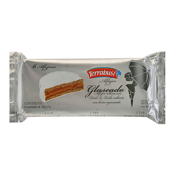 Terrabusi Alfajores Bandeja Sugar Frosting Filled with Dulce de Leche, Glaseado Relleno con Dulce de Leche, box of 6