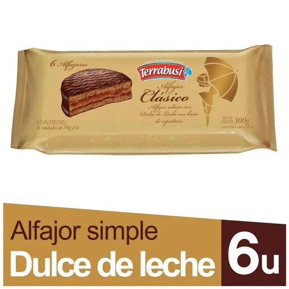 Terrabusi Alfajores Classic Milk Chocolate Alfajor Filled with Dulce de Leche (box of 6)