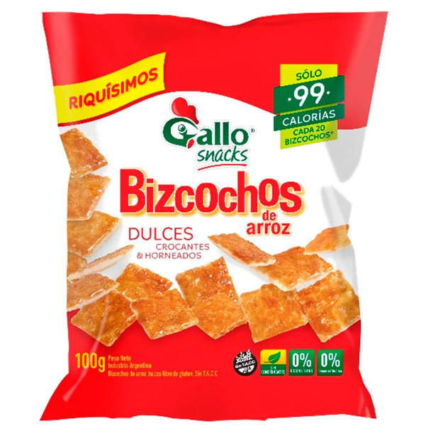 Gallo Bizcochos Galletas Arroz Dulce Sweet Gluten-Free Sin TACC Crocante Horneadas Baked, 100 g / 3.5 oz ea (pack of 3)