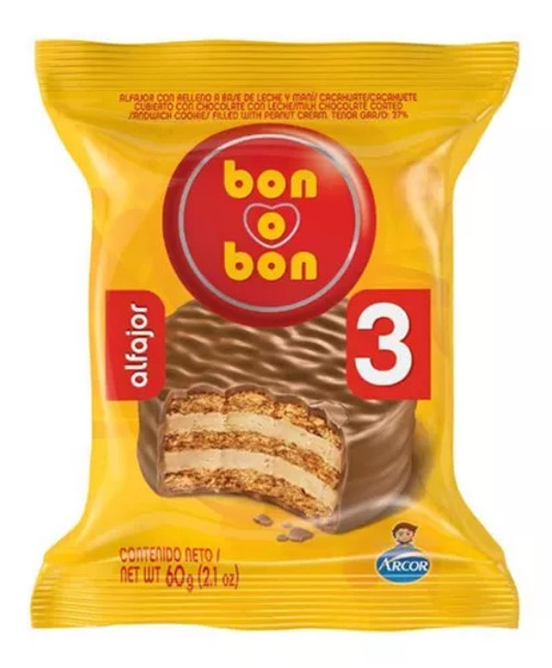 Bon O Bon Alfajor Triple with Peanut Butter and Milk Chocolate, WHOLESALE BOX 60 g / 2.1 oz (pack of 21)