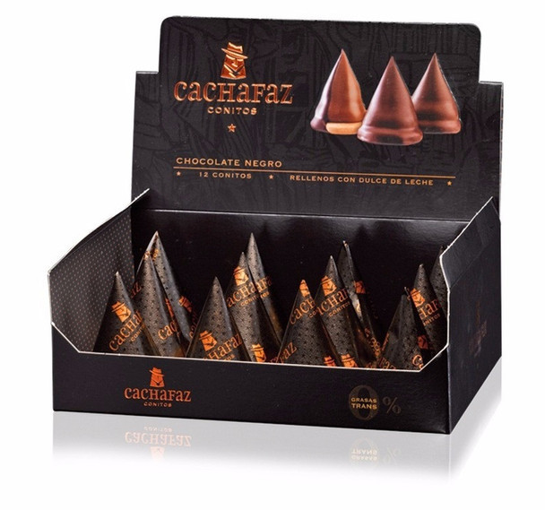 Cachafaz Dulce de Leche Conitos Cone Cookies Filled with Creamy Dulce de Leche and Milk Chocolate Covered, 456g (box of 12)