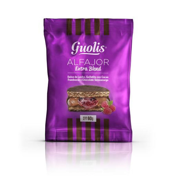 Guolis Alfajores Premium Extra Blend Semi-Bitter Chocolate Alfajor With Dulce de Leche & Raspberry Filling, 60 g / 2.12 oz ea (box of 12 alfajores)