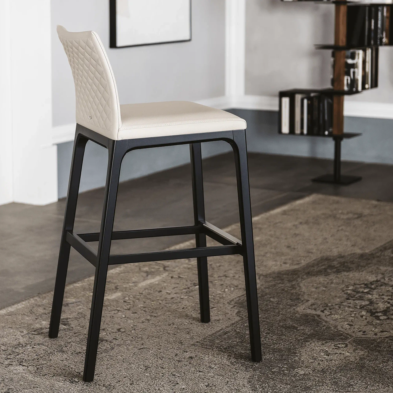 LINO - Cattelan Arcadia Couture Counter Stool, Lino Soft Leather 948, diamond tufted back, matt black beech frame, side view