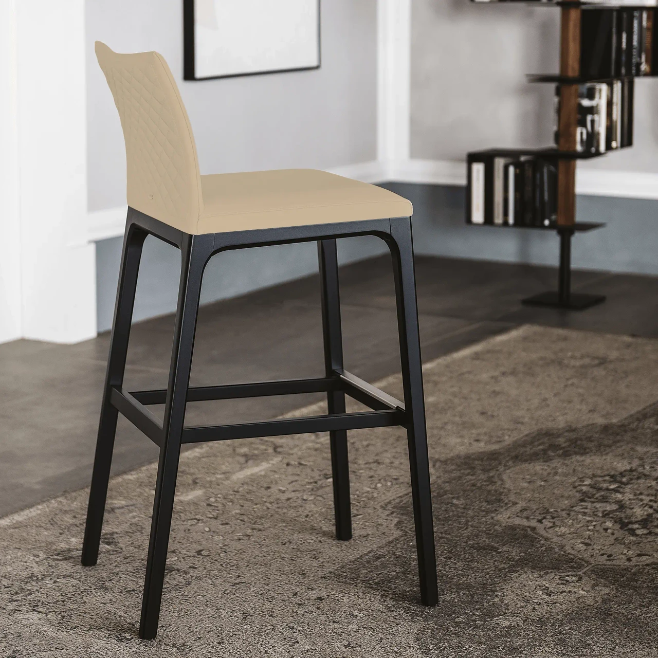 CASHMERE - Cattelan Arcadia Couture Counter Stool in Cashmere Soft Leather with Matt Black Stained Beech Frame, side view in dining