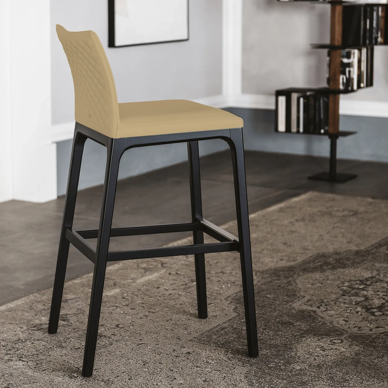 SAFARI - Cattelan Arcadia Couture Counter Stool in Safari Soft Leather with Matt Black Stained Beech Frame, side view in dining room.