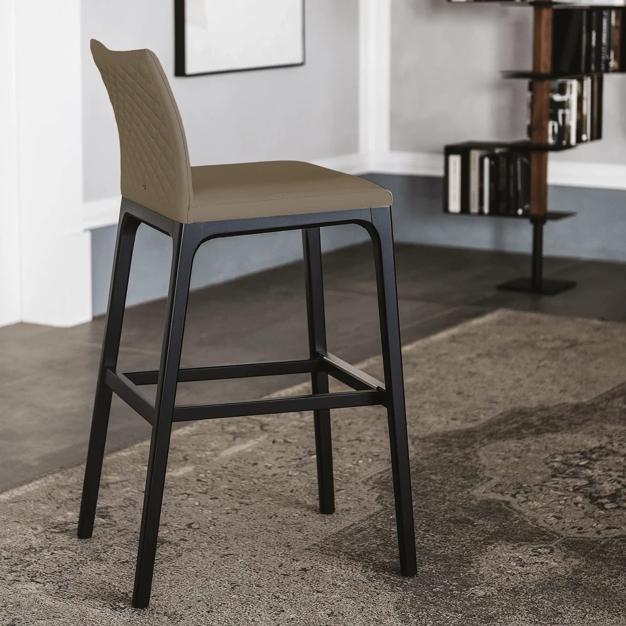 FANGO - Cattelan Arcadia Couture Counter Stool, Fango soft leather, diamond tufted back, matt black beech frame, side view, dining