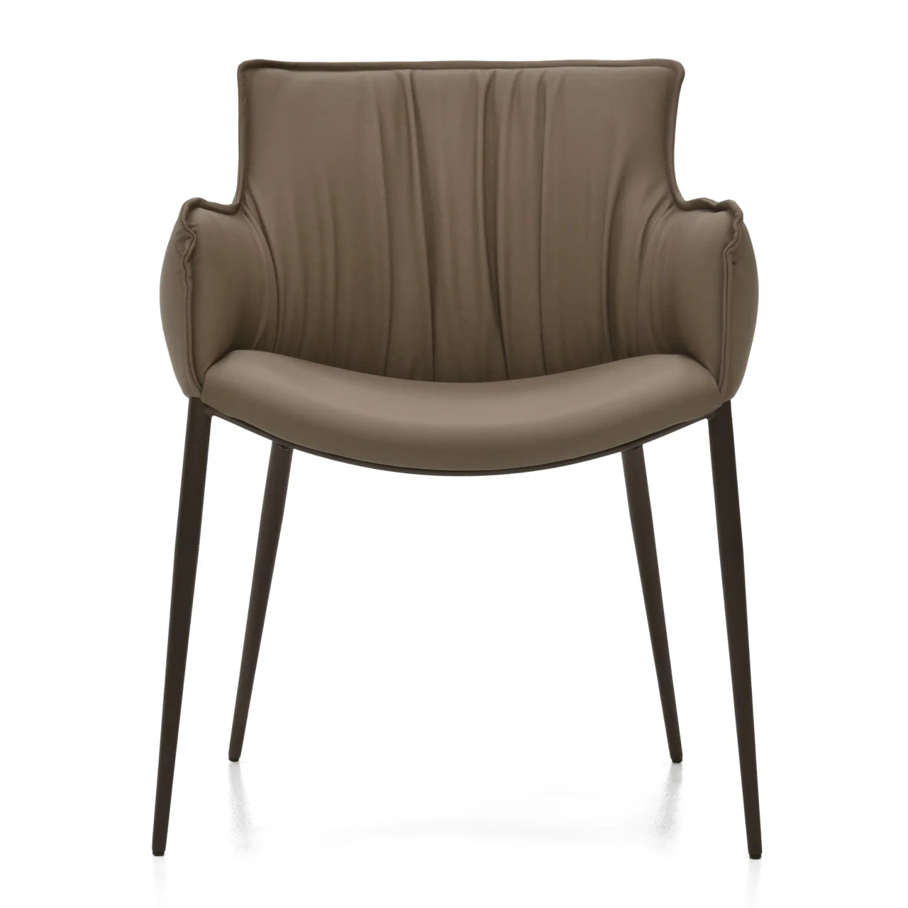 FANGO || BRONZE EMBOSSED STEEL - Front view of a modern taupe leather accent chair with a pleated back, curved arms, and tapered dark wood legs.