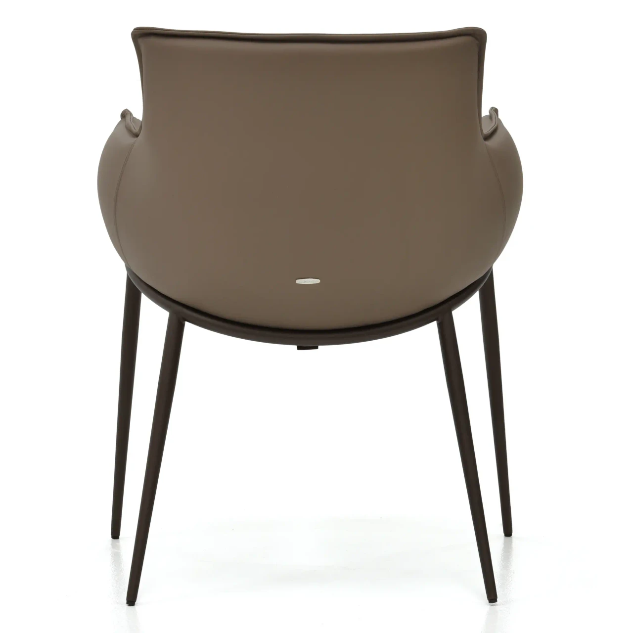 FANGO || BRONZE EMBOSSED STEEL - Rear view of a modern taupe leather armchair with slim dark brown metal legs.