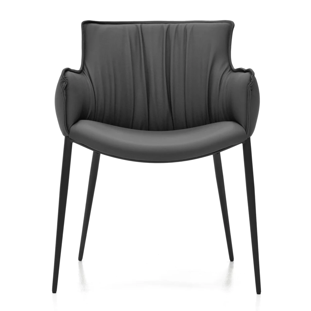 SMOKE || GRAPHITE EMBOSSED STEEL - Front view of a modern grey leather armchair with vertical channel tufting and slim black tapered legs.
