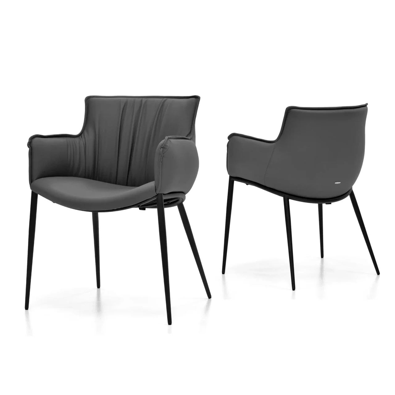 SMOKE || GRAPHITE EMBOSSED STEEL - Two grey leather modern accent chairs with slim black metal legs, shown from front and side angles.