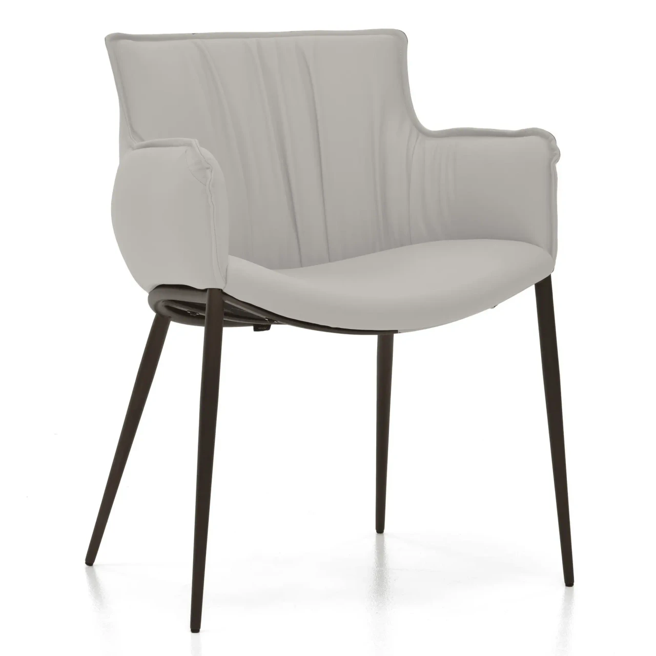 CANOVA || BRONZE EMBOSSED STEEL - Light grey modern upholstered armchair with pleated back and dark brown tapered legs, three-quarter front view.