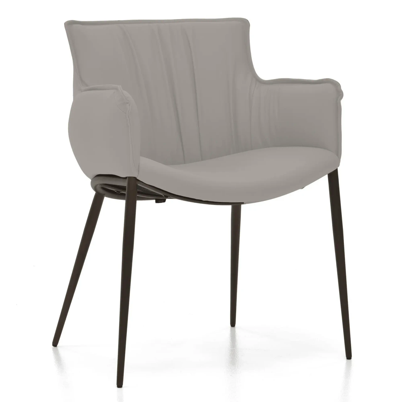 DAKOTA || BRONZE EMBOSSED STEEL - Grey upholstered modern armchair with vertical stitching and dark brown tapered legs, three-quarter front view.