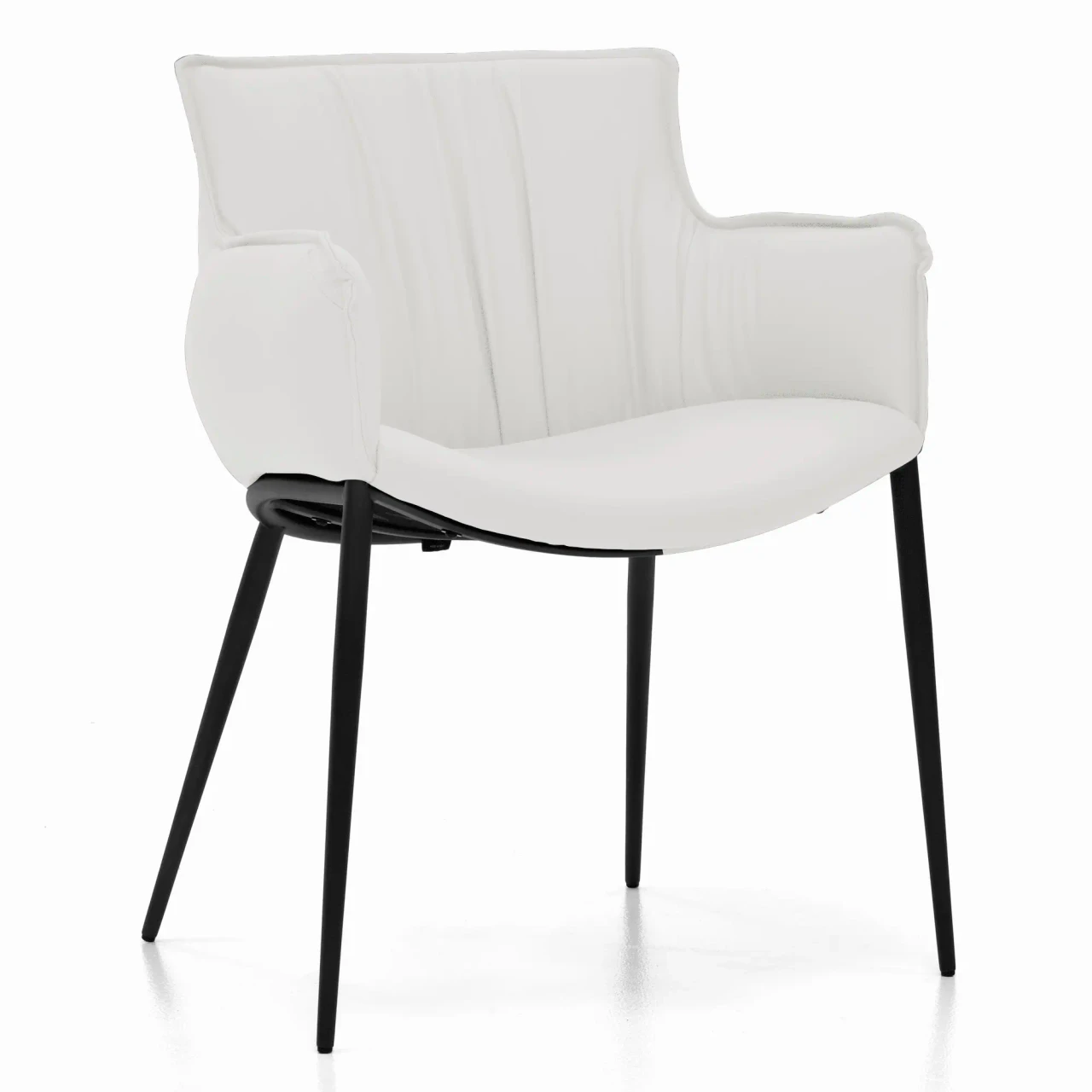 BIANCO || GRAPHITE EMBOSSED STEEL - White modern armchair with pleated faux leather upholstery and black metal legs, shown from a three-quarter front angle.