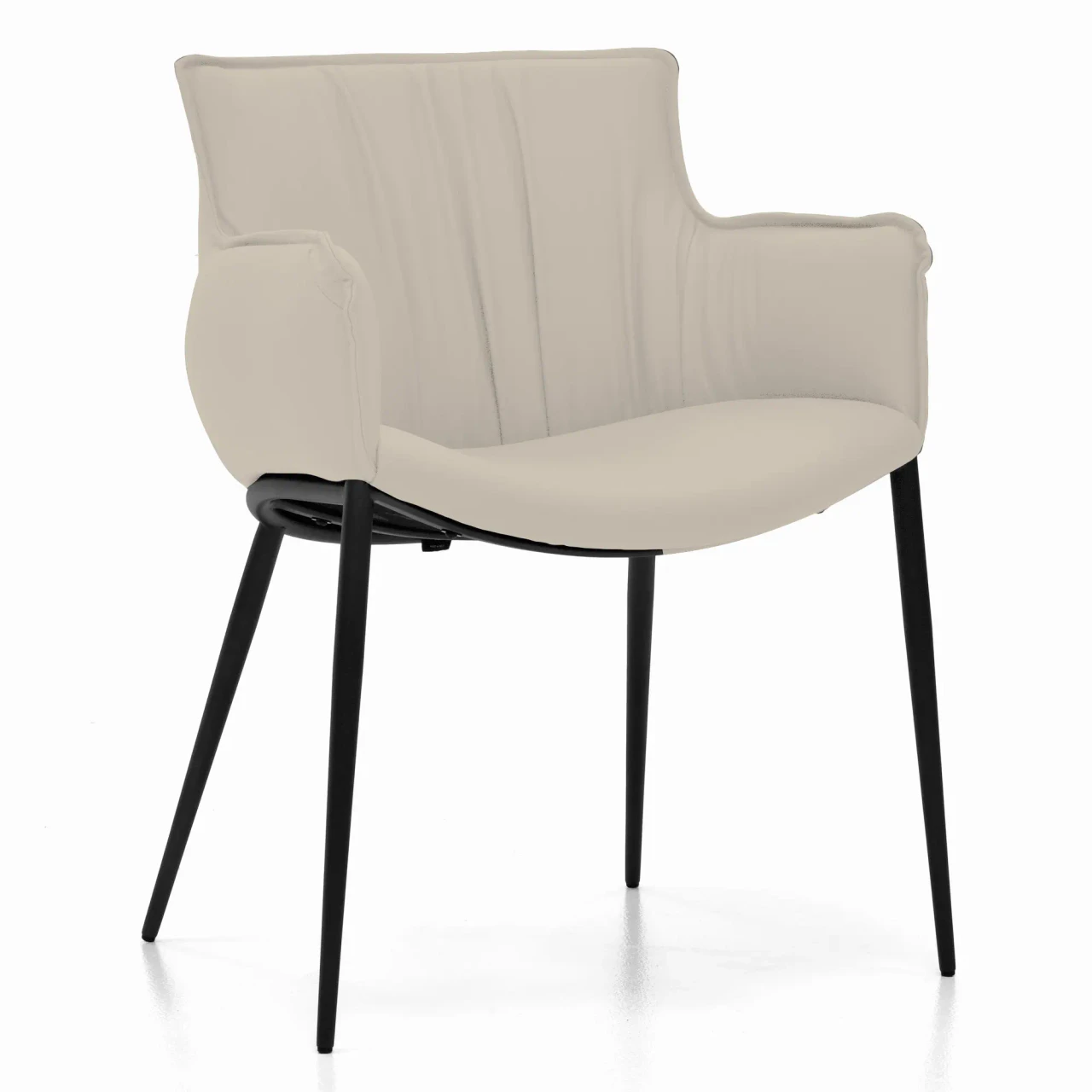 LINO || GRAPHITE EMBOSSED STEEL - Beige faux leather modern accent chair with pleated back and black metal legs, three-quarter view.