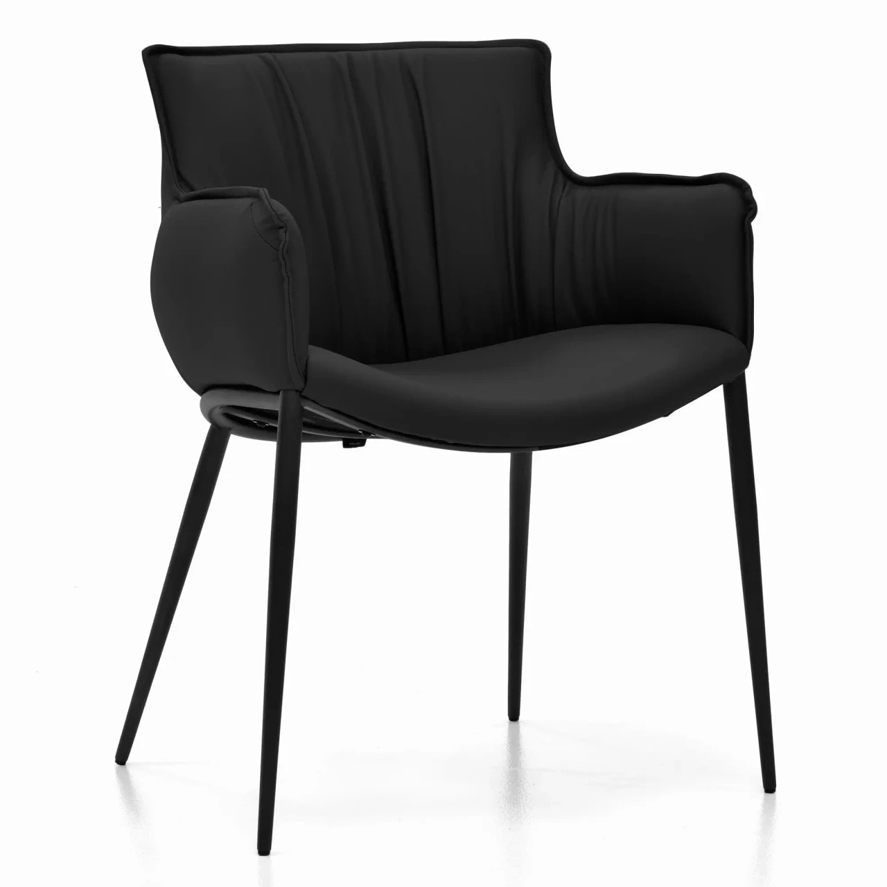 NERO || GRAPHITE EMBOSSED STEEL - Black modern leather armchair with pleated backrest and slim metal legs, three-quarter front view.