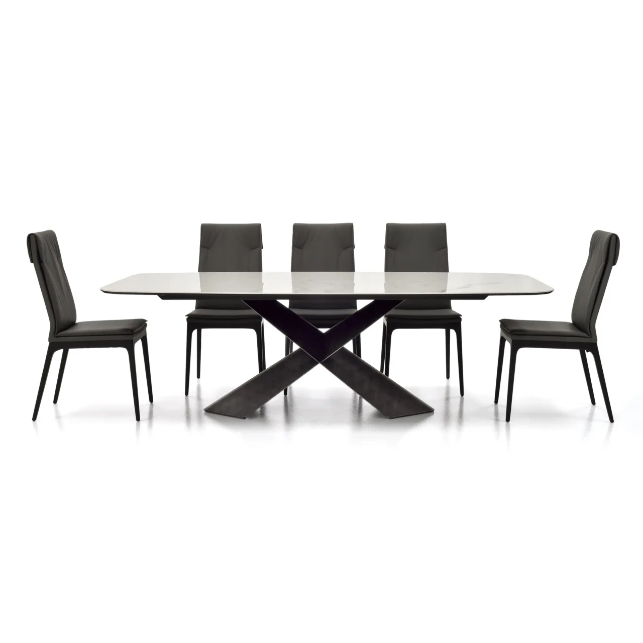 SMOKE - Cattelan Sofia side chairs in smoke grey soft leather with matt black beech legs and a marble dining table, front view.