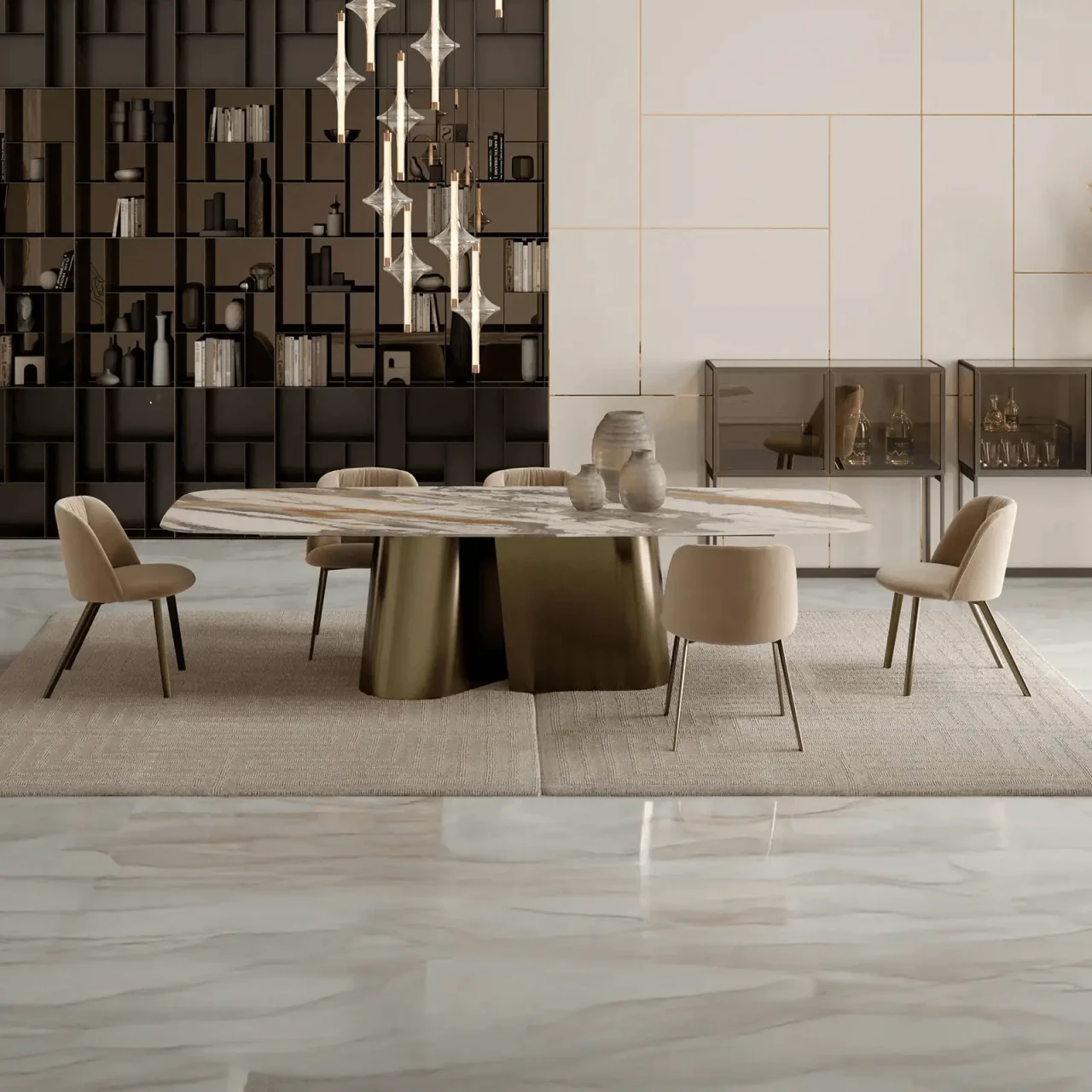 98.5 IN - Bontempi Casa Kimono Dining Table, Breccia Rosa Art Glass Top, Aged Brass Base in modern dining room, front view.