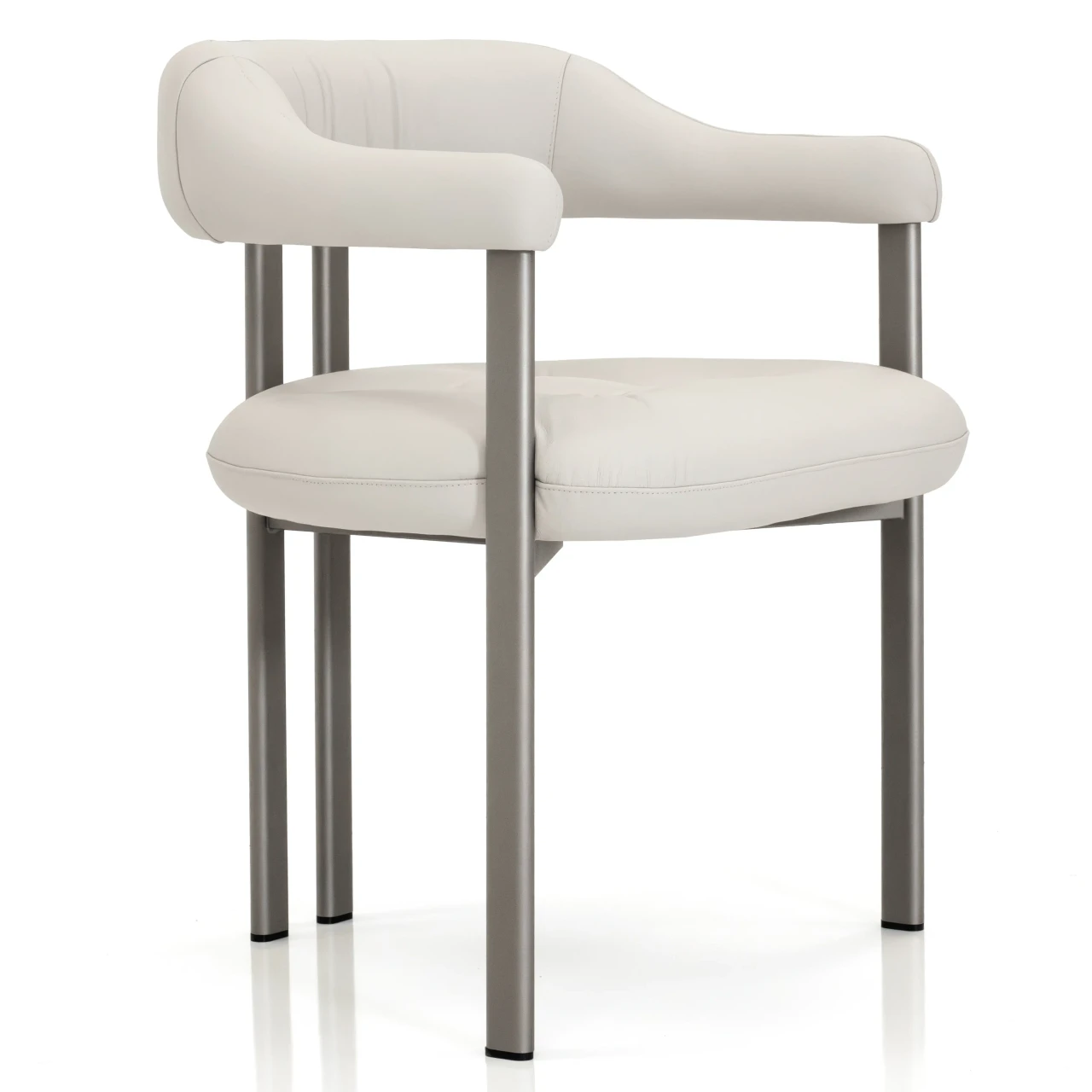 Cattelan Greta Arm Chair in Canova soft leather with titanium embossed steel frame, three-quarter view.