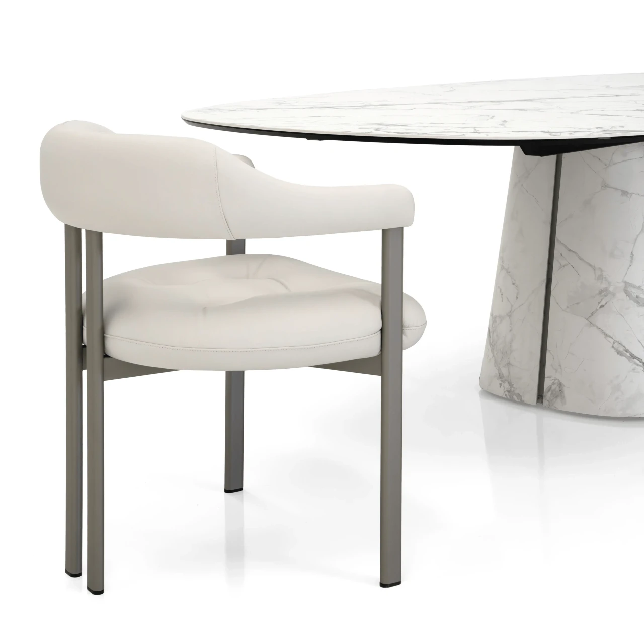 Cattelan Greta Arm Chair, modern style, Canova soft leather seat and back, titanium embossed steel frame, side view, dining.