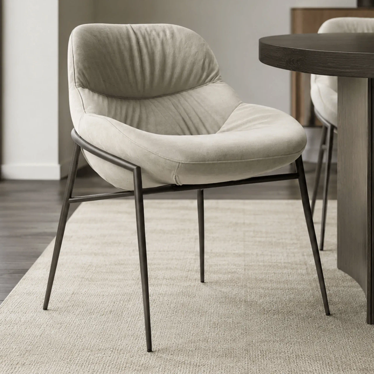 VANILLA - Bontempi Casa Amelie Dining Chair in Vanilla Bouquet Fabric with Dark Brass Frame, side view in dining room setting.