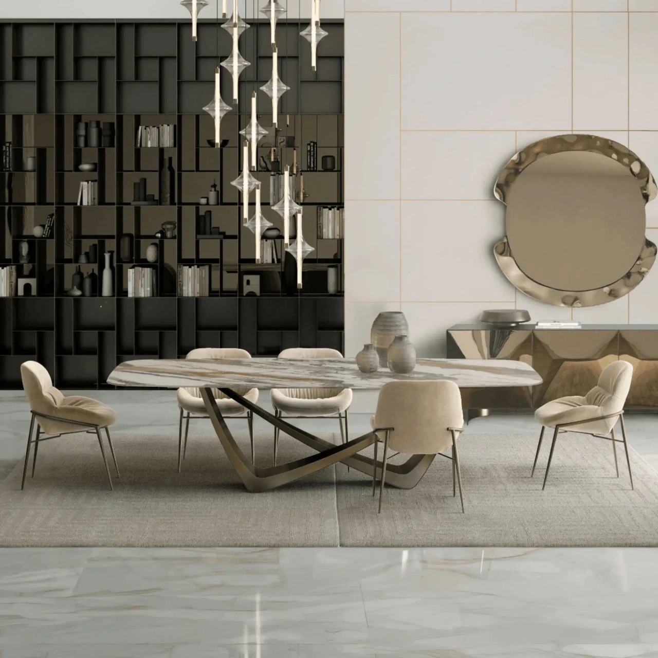 VANILLA - Bontempi Casa Amelie Dining Chairs in Vanilla Bouquet Fabric with Dark Brass Frame in a modern dining room, front view.